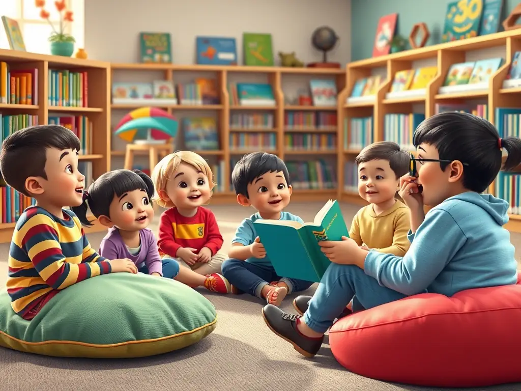 A vibrant image of children participating in a storytelling session at LIRE & LOISIRS, showcasing the joy of reading and community engagement.
