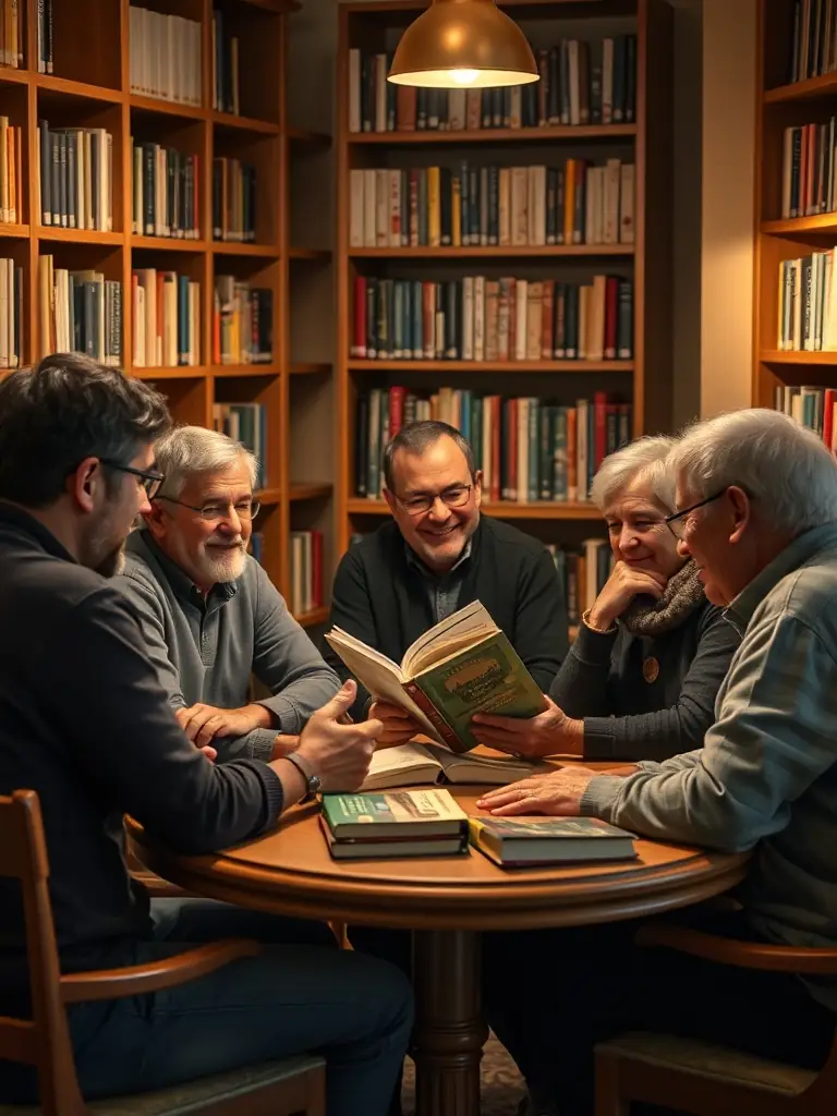 A photograph of adults attending a book club meeting at LIRE & LOISIRS, discussing a novel with enthusiasm and sharing their perspectives.