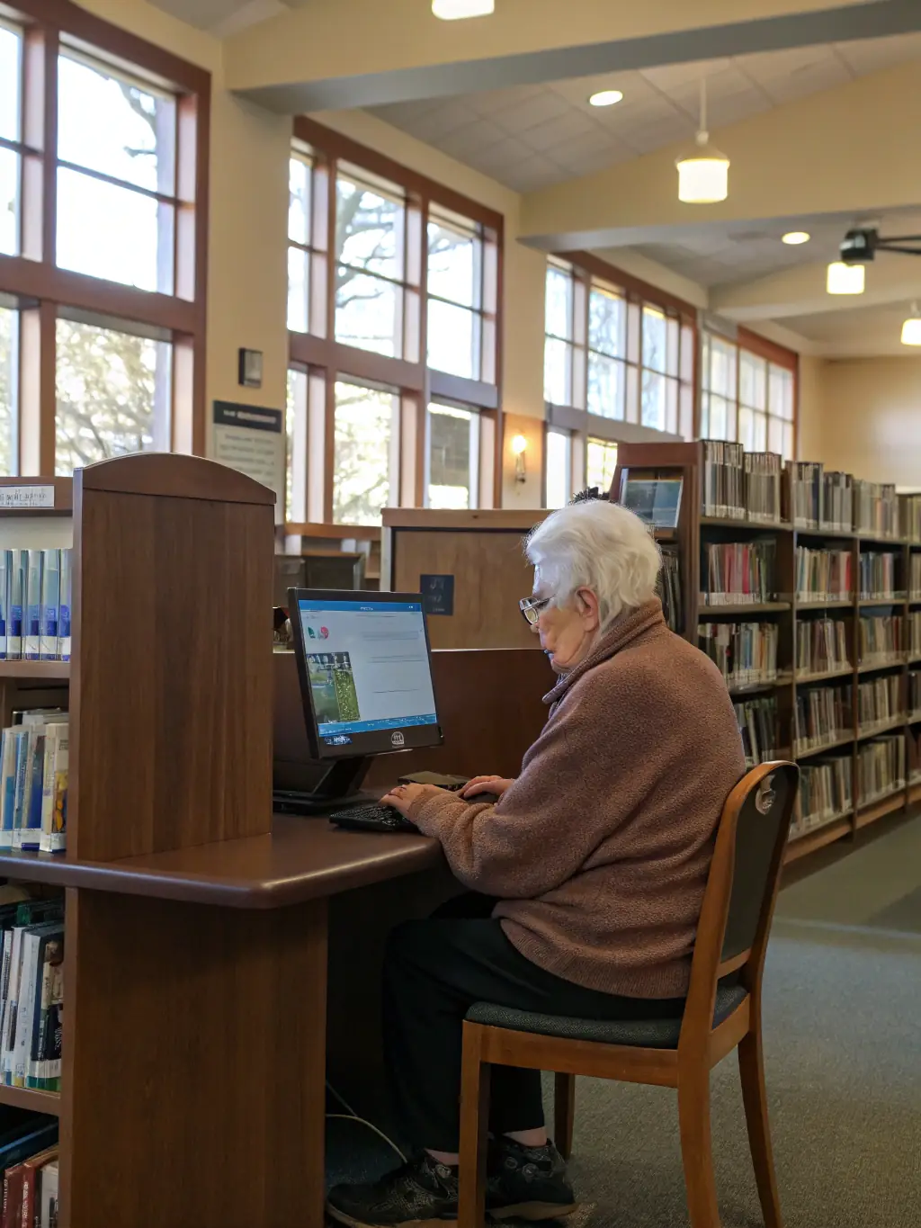 A senior citizen learning how to use a computer at LIRE & LOISIRS, with a volunteer providing guidance and support.