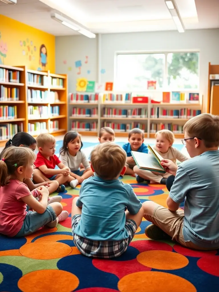 A group of children participating in a storytelling session at the LIRE & LOISIRS library, with a librarian reading aloud from a colorful picture book.