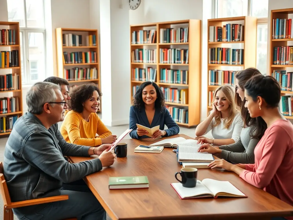 A photograph of adults attending a book club meeting at LIRE & LOISIRS, discussing literature and sharing their perspectives.